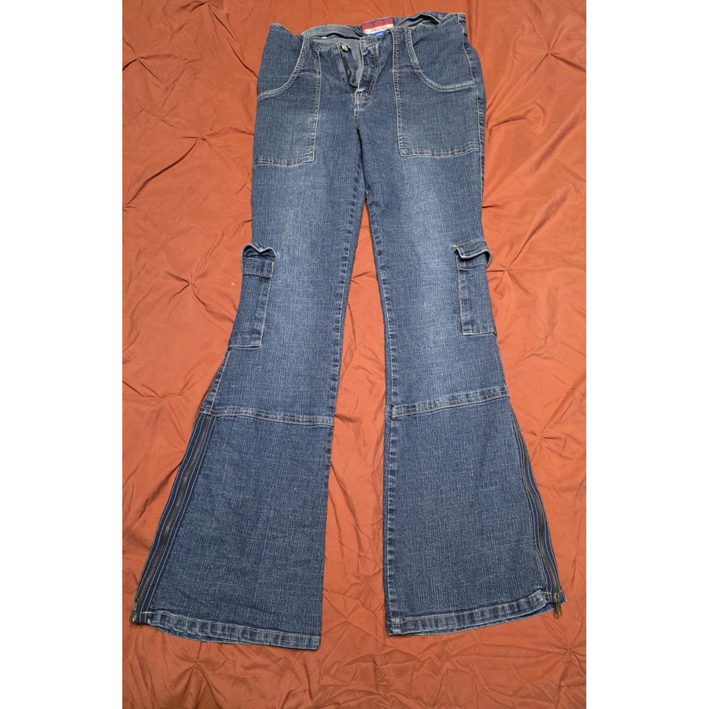 Vintage Y2K European Colors Cargo Flare Jeans 13/14 Zip Hem Stretch 2000s